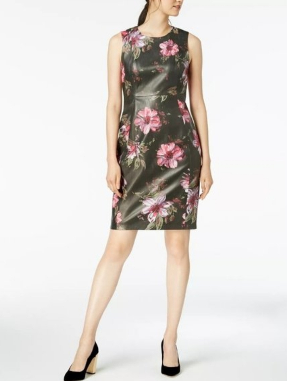 Calvin Klein Faux leather Sheath floral dress size 8